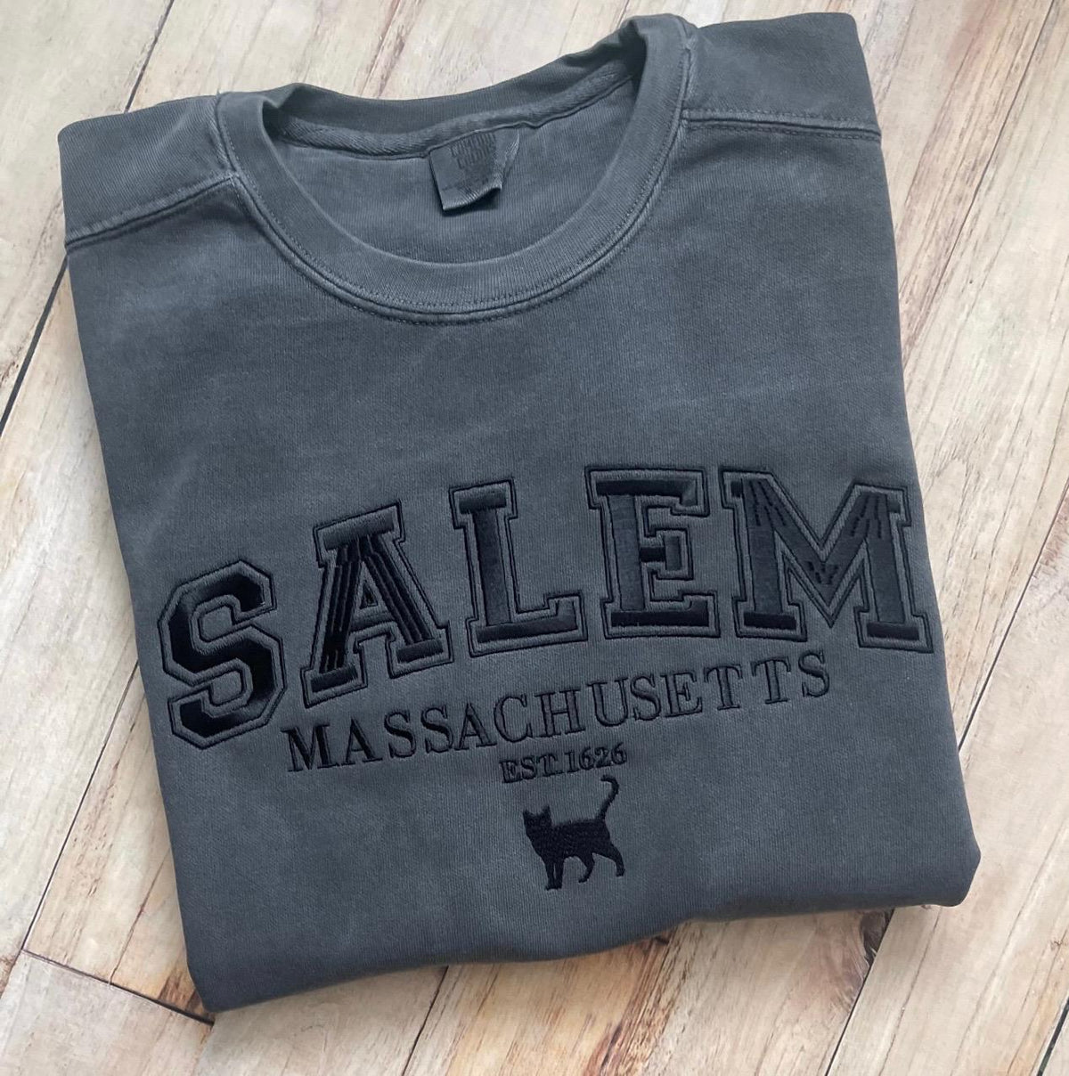 Salem Massachusetts Embroidered Sweatshirt | Comfort Colors Crewneck | Black Cat Halloween Sweater | EST 1626
