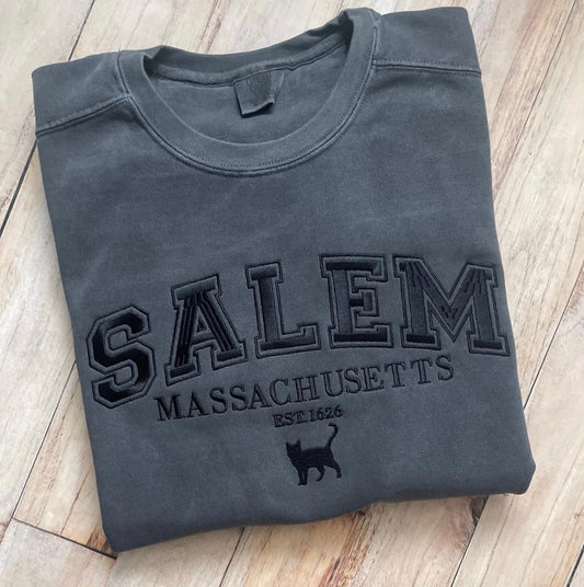 Salem Massachusetts Embroidered Sweatshirt | Comfort Colors Crewneck | Black Cat Halloween Sweater | EST 1626