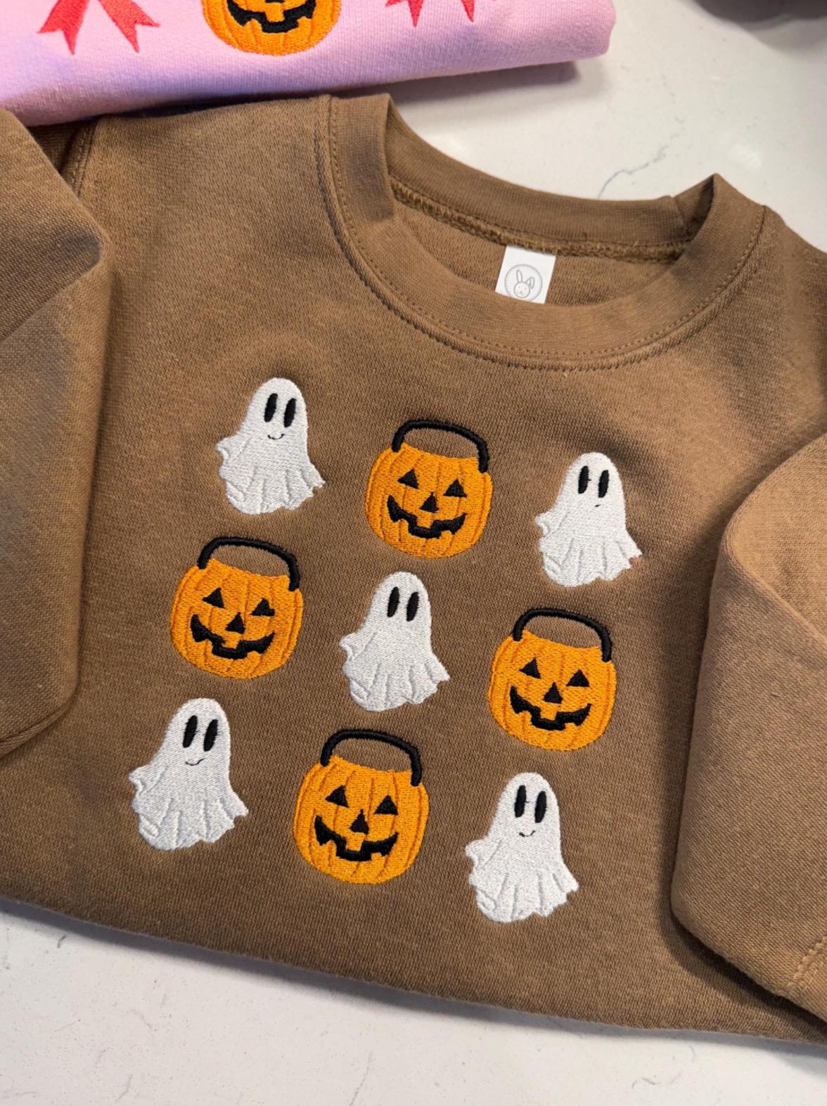 Toddler Halloween Sweatshirt | Embroidered Ghosts and Pumpkins | Neutral Fall Crewneck for Kids