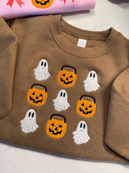 Toddler Halloween Sweatshirt | Embroidered Ghosts and Pumpkins | Neutral Fall Crewneck for Kids