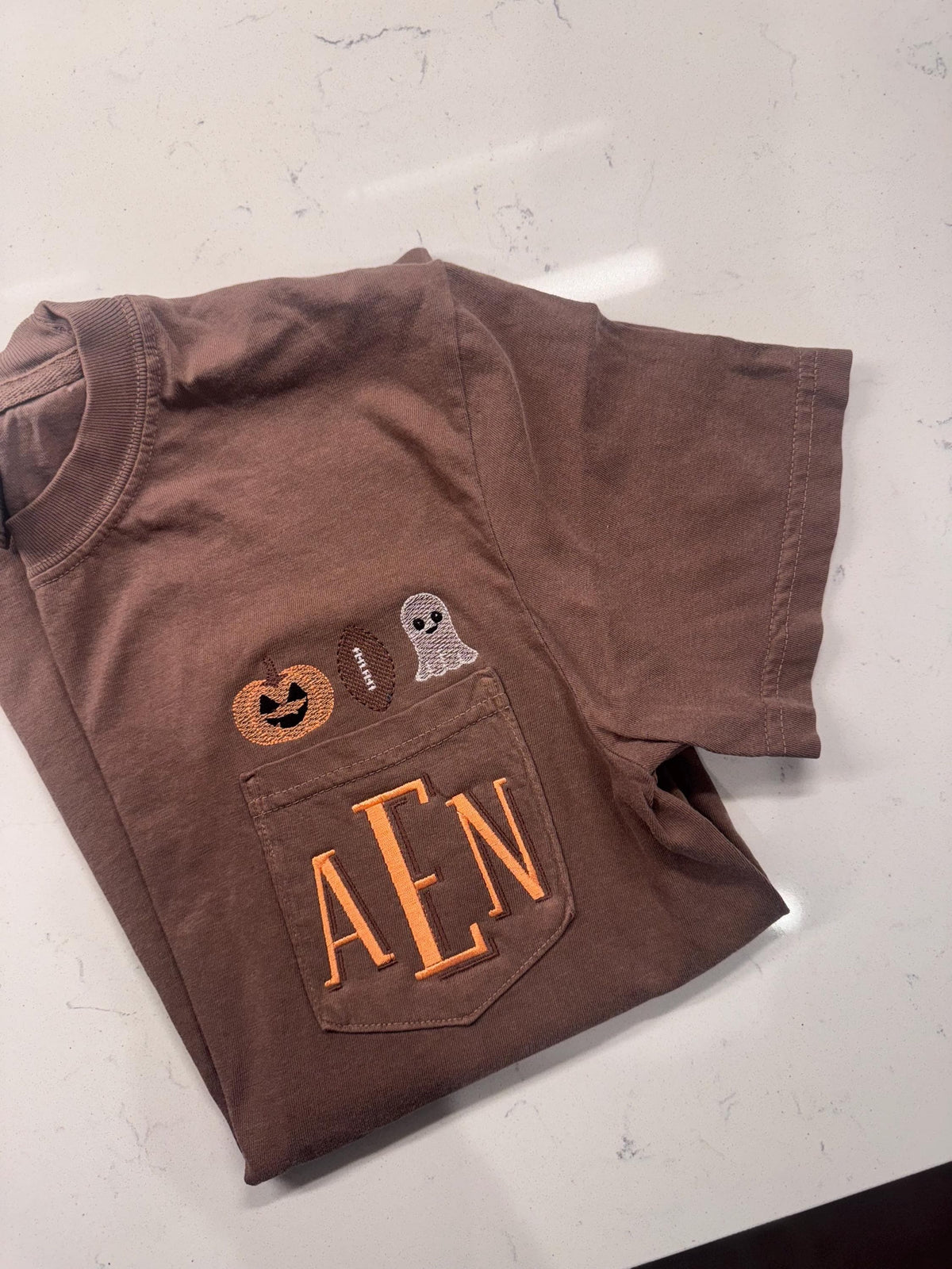 Embroidered Halloween Monogram Tee | Pumpkin, Ghost, Football | Comfort Colors® Fall Shirt