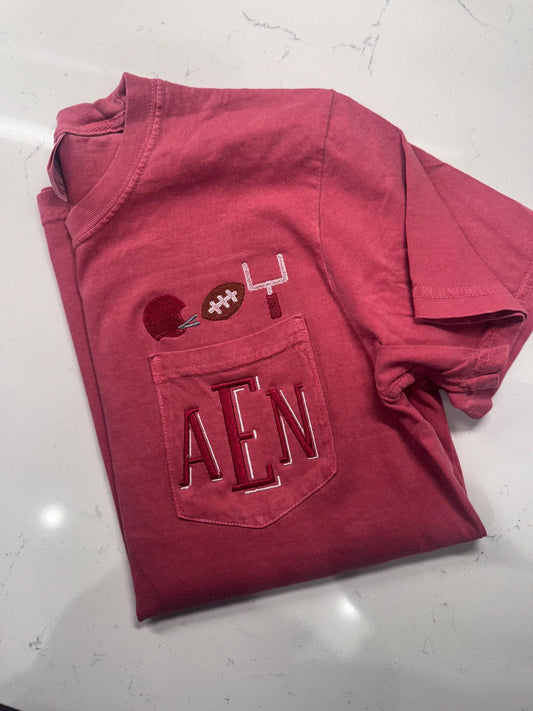 Football Monogram Pocket Tee | Custom Comfort Colors® Shirt | Game Day Embroidery