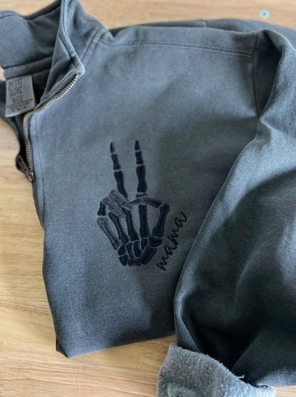 Custom Comfort Colors Quarter Zip Sweatshirt | Embroidered Skeleton Peace Sign