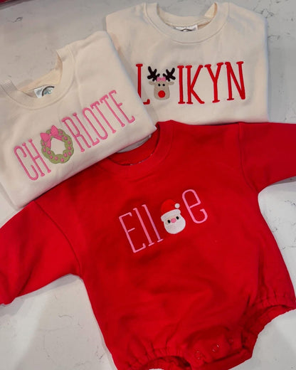 Personalized Baby & Toddler Christmas Sweatshirt | Custom Embroidered Holiday Name Onesie | Santa Reindeer Wreath Design