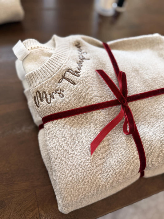 Personalized Knit Crewneck Sweater | Custom Embroidered Name | Cozy Neutral Pullover | Gift for Mom, Grandma