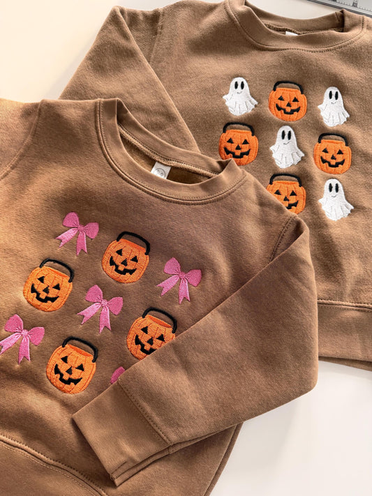 Toddler Halloween Sweatshirt | Embroidered Ghosts and Pumpkins | Neutral Fall Crewneck for Kids