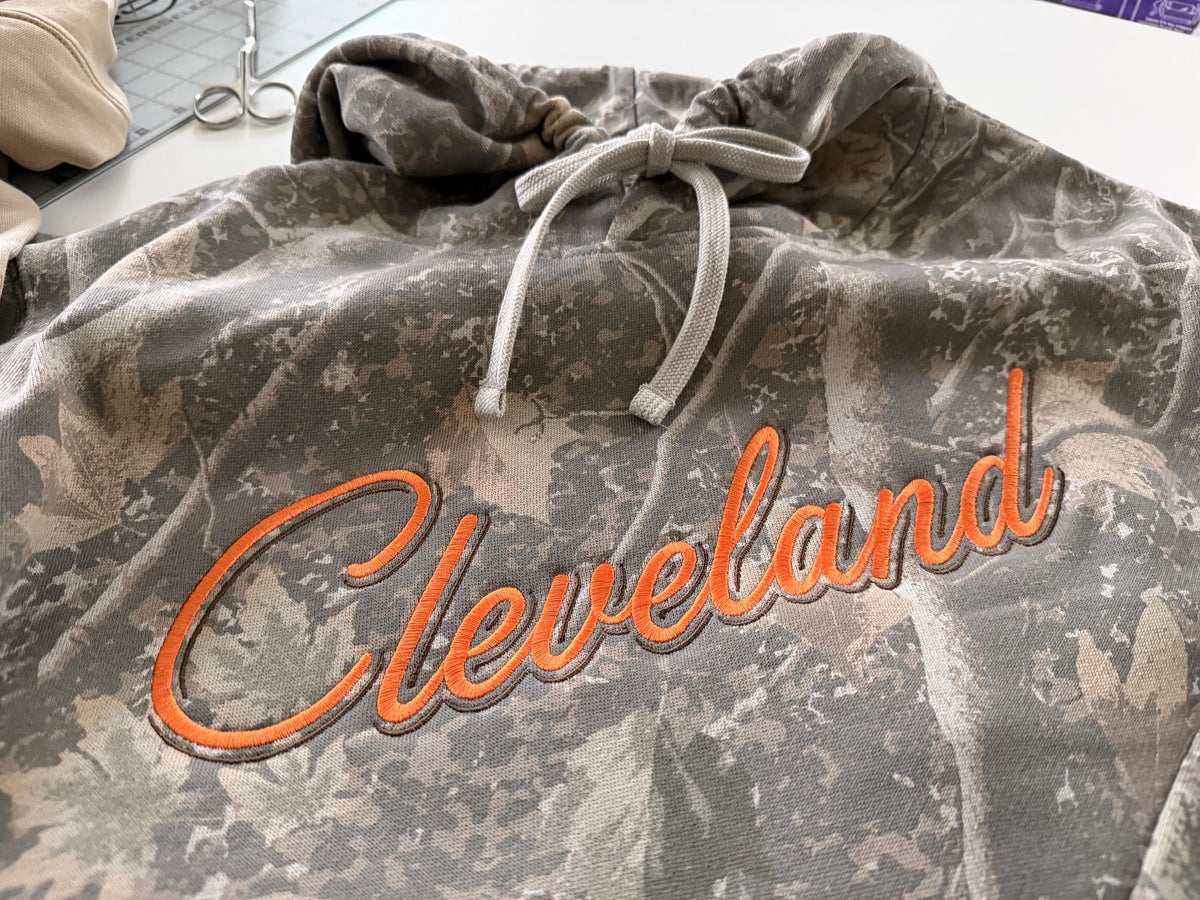 Customizable Cleveland Sweatshirt . Vintage Embroidered Crewneck . Camo Hoodie