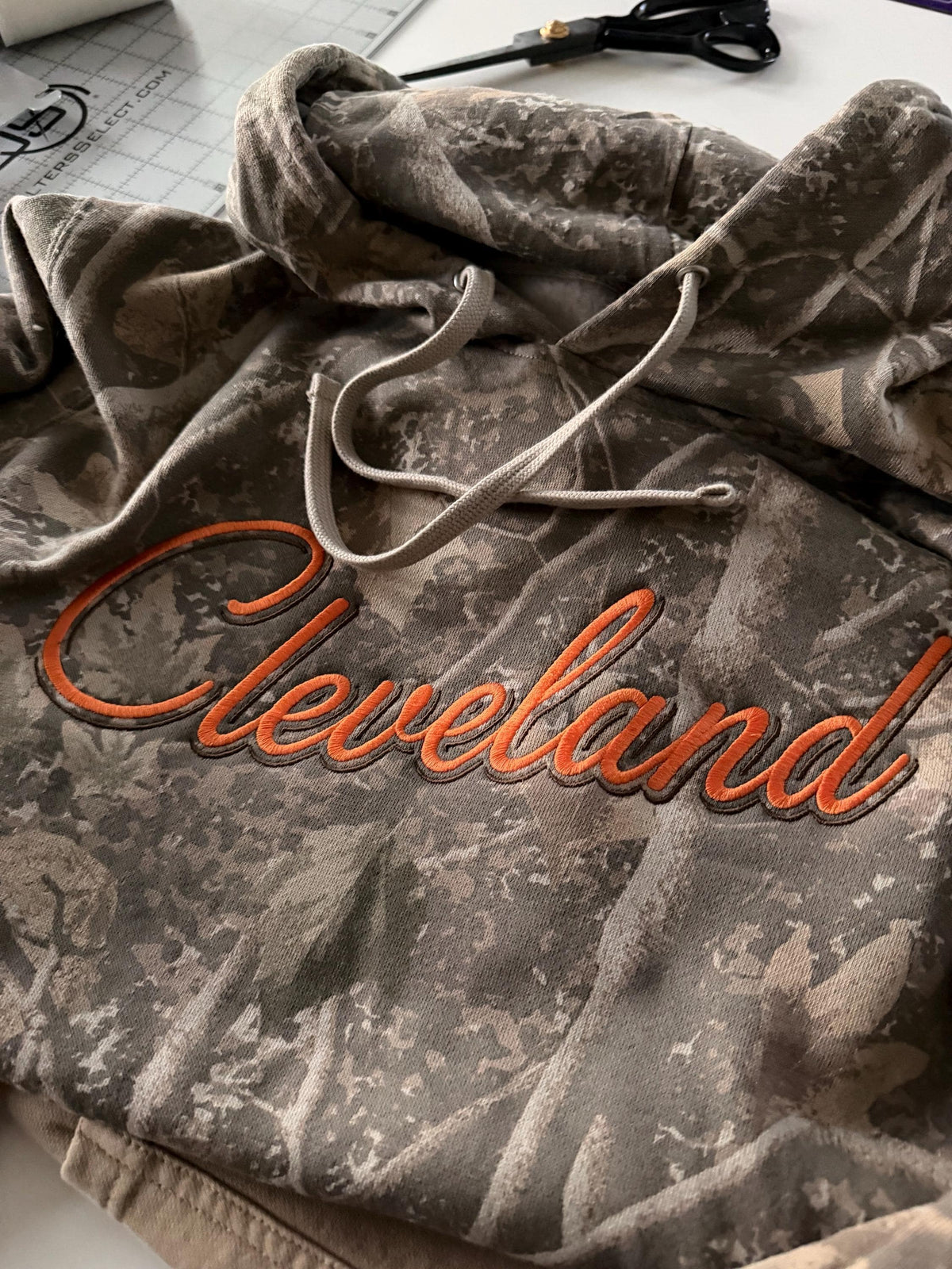 Customizable Cleveland Sweatshirt . Vintage Embroidered Crewneck . Camo Hoodie