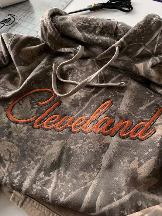 Customizable Cleveland Sweatshirt . Vintage Embroidered Crewneck . Camo Hoodie
