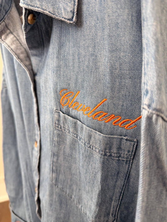 Denim Cleveland Button Down . Boutique Game Day . Women’s Football Spirit Wear . Custom Embroidered Denim Top