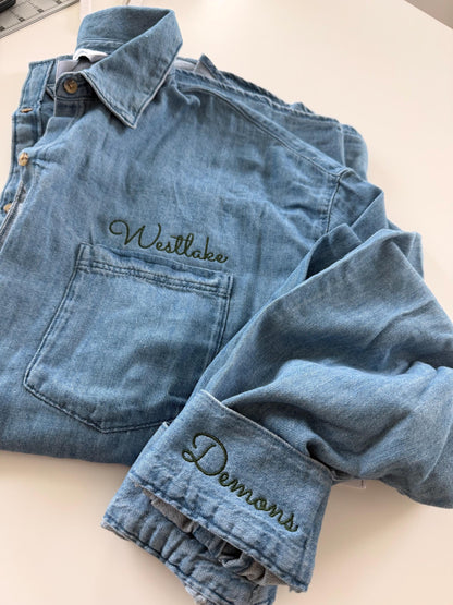 Denim Cleveland Button Down . Boutique Game Day . Women’s Football Spirit Wear . Custom Embroidered Denim Top