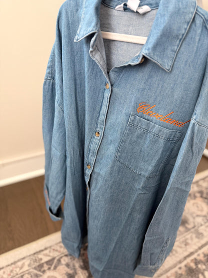 Denim Cleveland Button Down . Boutique Game Day . Women’s Football Spirit Wear . Custom Embroidered Denim Top