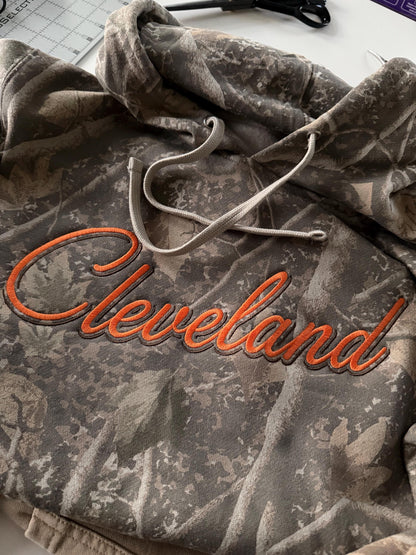 Customizable Cleveland Sweatshirt . Vintage Embroidered Crewneck . Camo Hoodie