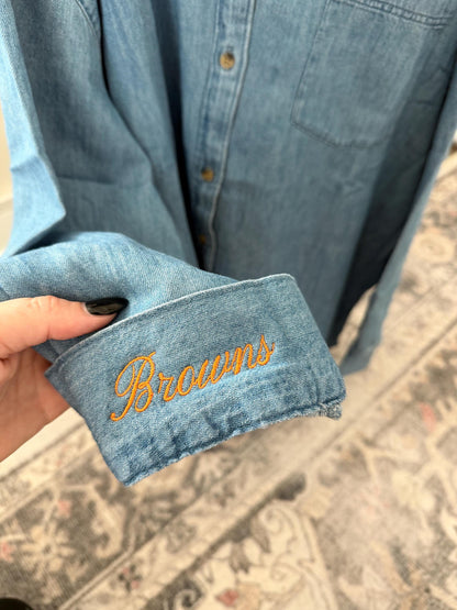 Denim Cleveland Button Down . Boutique Game Day . Women’s Football Spirit Wear . Custom Embroidered Denim Top