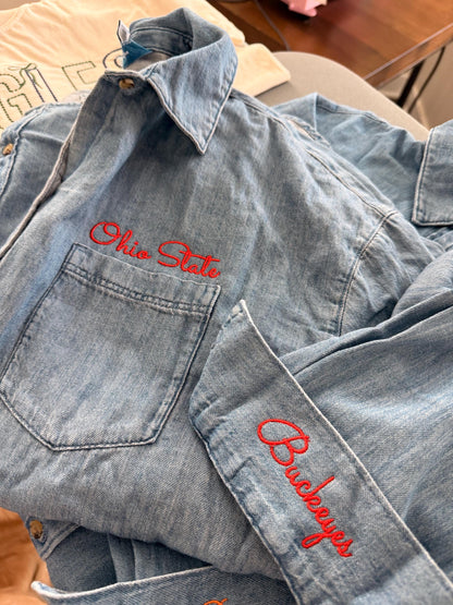 Denim Cleveland Button Down . Boutique Game Day . Women’s Football Spirit Wear . Custom Embroidered Denim Top